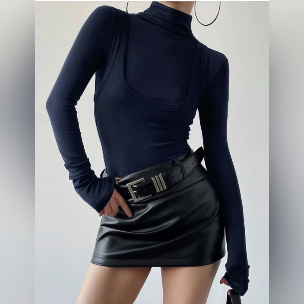 2 in 1 Mock Neck Jersey Top - Navy